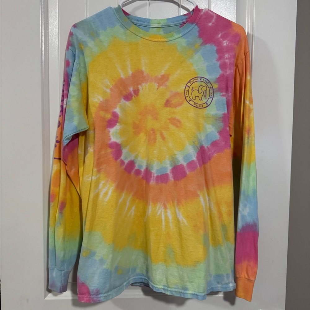 Puppie Love Yellow Pink Spiral Tie Dye Long Sleeve Tee Size Small
